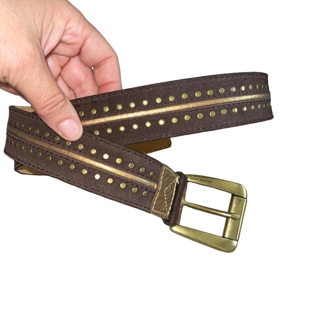 Michael Kors Belt Size Medium Brown Suede Gold Leather Trim Wide Brass Buckle
